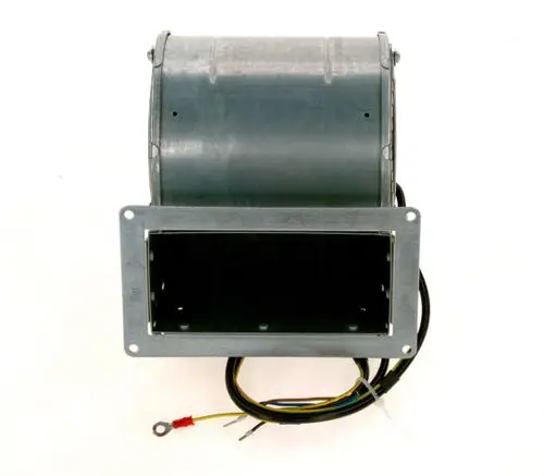 Gebläse von Bosch mit metallischem Gehäuse und Kabelanschlüssen. Es zeigt die Rückseite, die Anschlussmöglichkeiten und die Öffnung für die Montage.